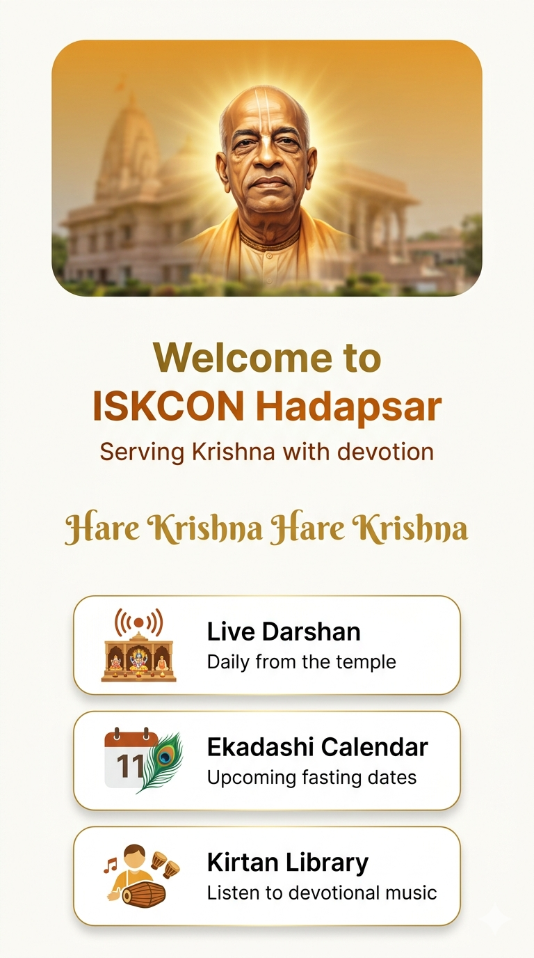 ISKCON Hadapsar App Home Screen Live Darshan Radha Krishna Pune